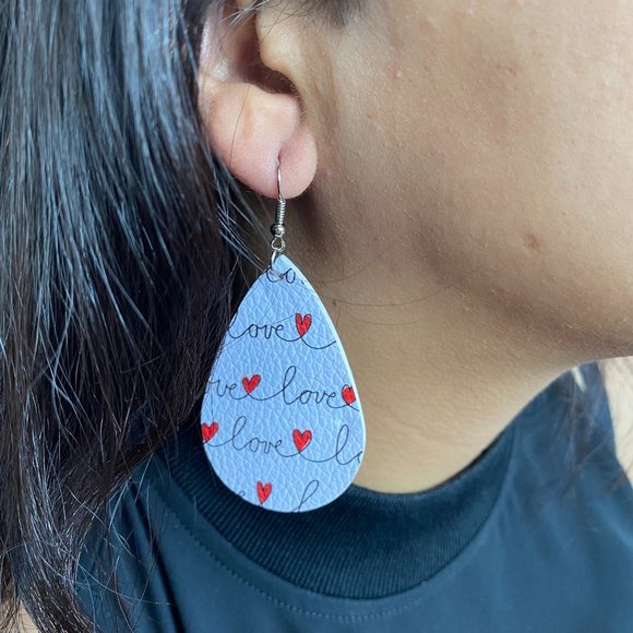 Printed "LOVE" Tear Drop Earrings - White - Picture 2 of 2